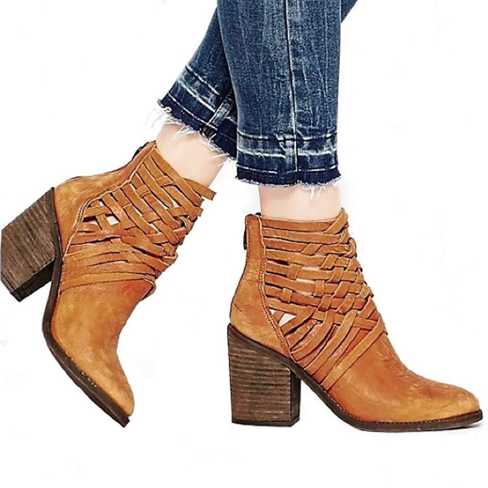FREE PEOPLE Booties CARRERA Boots Leather Suede Heeled Ankle Tan 8 US 38 EU ANB